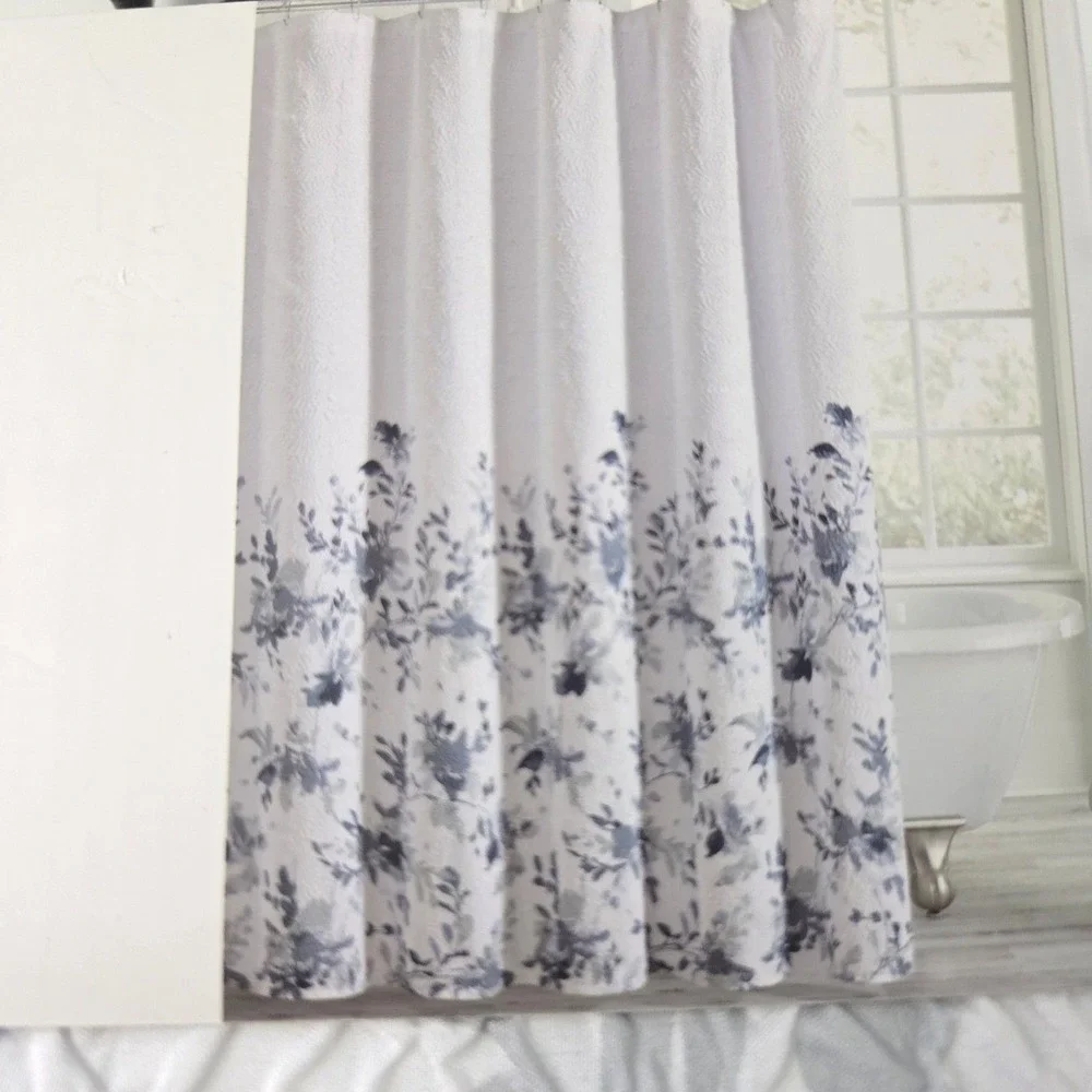 DKNY Floral Silhouette Microsculpt Fabric Shower Curtain White Blue 72x72inch